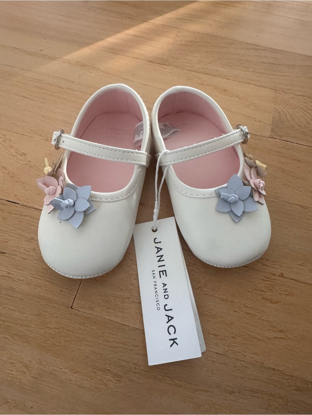 Janie and Jack White Mary Jane Shoes with Pastel Yellow, Pink & Blue Flowers